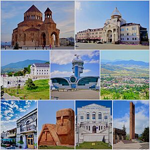 From top left: Holy Mother of God Cathedral Renaissance Square • Downtown Stepanakert Stepanakert Airport •  Stepanakert skyline Park Hotel Artsakh  • We Are Our Mountains Artsakh University  • Stepanakert Memorial