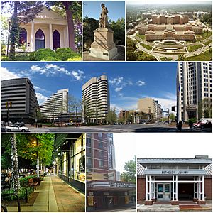 From top: Bethesda Meeting House, Bethesda's Madonna of the Trail statue, the National Institutes of Health, downtown Bethesda near the Bethesda Metro station, Bethesda Avenue at night, Bethesda Theatre, and the Connie Morella Library.