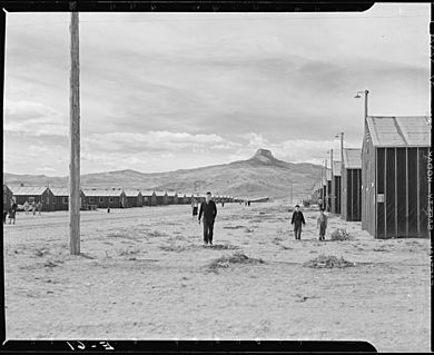 Heart Mountain Relocation Center, Heart Mountain, Wyoming. "Symbolic Heart Mountain towers at the e . . . - NARA - 538725