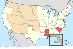 Map of the change to the United States in central North America on January 10, 1861