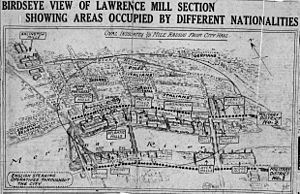 Birdseye view of Lawrence mill section showing areas occupied by different nationalities