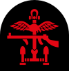 Insignia of Combined Operations units it is a combination of a red Thompson submachine gun, a pair of wings, an anchor and mortar rounds on a black backing