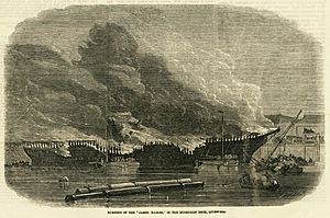Burning of the 'James Baines', in the Huskisson Dock, Liverpool 1858 - May 8, 1858