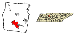 Location of Dickson in Dickson County, Tennessee.