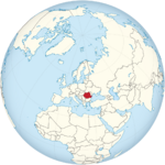 Romania on the globe (Europe centered).svg