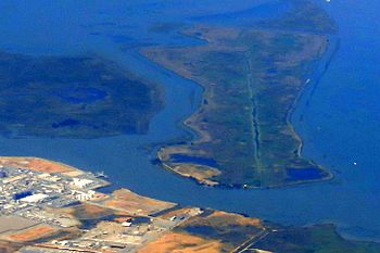 An aerial photo of two islands.