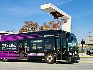 Front half of Spokane City Line bus charging at SCC transit center October 2023