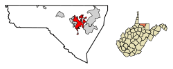 Location of Morgantown within Monongalia County and the State of West Virginia