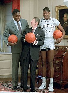 Ronald Reagan with John Thompson, Patrick Ewing (cropped)