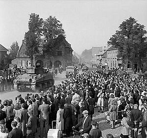 Sherman tanks advancing through Valkenswaard