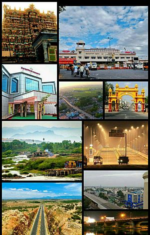 Clockwise from Top Left : Swami Nellaiappar Temple, Tirunelveli Junction Railway Station, Thiruvalluvar Bridge – Aerial view, Town Arch, Speaker Chellapandian Flyover near Vannarapettai at night, Tirunelveli City Skyline, Older side of Sulochana Mudaliar Bridge at night across river Thamirabharani connecting Downtown Tirunelveli and Kokkirakulam, NH 44 cutting through the Reddiyarpatti Hillock, Thamirabarani River passing between Downtown Tirunelveli and Kokkirakulam, Tirunelveli City Municipal Corporation Building