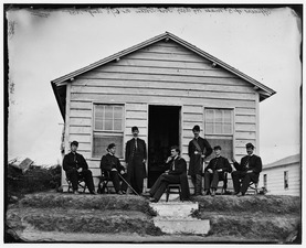 District of Columbia. Officers of Companies A and B, 3d Massachusetts Heavy Artillery, before quarters at Fort Totten LOC cwpb.04130