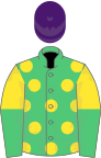 Emerald green, yellow spots, yellow and emerald green halved sleeves, purple cap