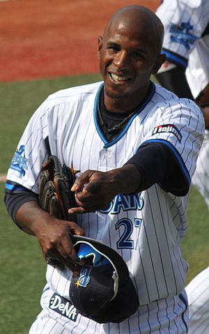 20130317 Nyjer Jamid Morgan, outfielder of the Yokohama DeNA BayStars, at Yokohama Stadium.JPG