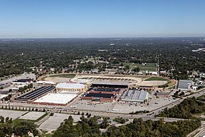 Aerial view of Indianapolis, Indiana, with a focus on the Indiana State Fairgrounds Speedway auto-racing track