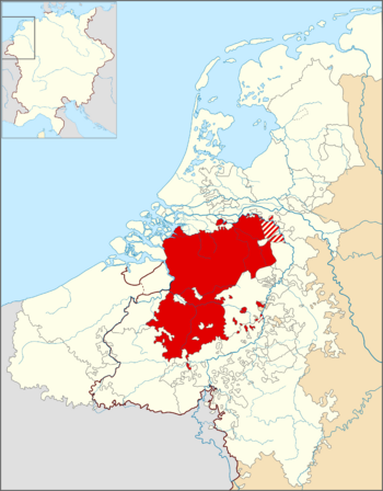 The Duchy of Brabant within the Seventeen Provinces of the Low Countries and the borders of the Holy Roman Empire (thick line)