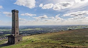 Aerial photo of Peel Monument overlooking Holcombe and Bury