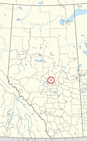 A map of the province of Alberta showing 80 counties and 145 small Indian reserves. One is highlighted with a red circle.