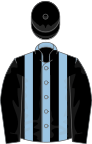 Light blue and black stripes, black sleeves and cap