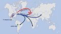 Suggested paths of migration and diversification of P. infestans lineages HERB-1 and US-1