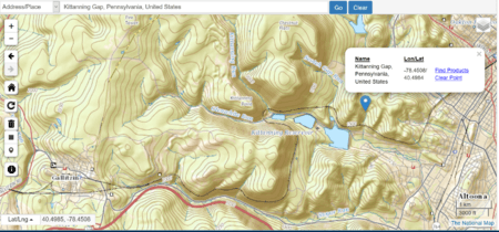 USGS overview indicating Kittanning Gap's, Pennsylvania location near Altoona, PA and showing the PRR Horseshoe Curve