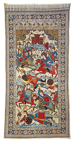 Qajar painted and printed cotton pictorial kalamkar panel depicting Shah Tahmasp I and his men in battle, signed Sheikh Ali, Iran, second half 19th century