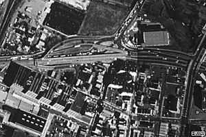 Aerial view of the warehouse district in the Marion Section of Jersey City, between the PATH train tracks and the Pulaski Skyway