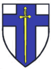 A blue cross with a superimposed crusader sword, on a white crusader shield background.