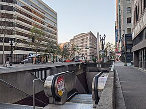 Broadway and 13th SE entrance to 12th Street station, April 2020