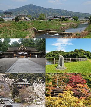 Top:A panorama view of Mount Miwa and Yamato River,  Second:Ōmiwa Shrine,  A heritage site of Hashihaka Tomb, Bottom:Hase Temple, Tanzan Shrine (all item from left to right)