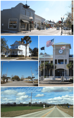 Top, left to right: Downtown Alachua, Pearce-Bishop historic house in the City of Alachua Downtown Historic District, railroad crossing near downtown Alachua, Alachua City Hall, Florida State Road 235