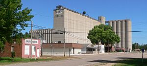 Downtown Juniata and grain elevators, June 2010