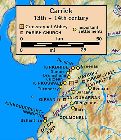 Map of Carrick, 13th–14th century, on the east shore of a large body of water. Its centre was Crossraguel Abbey about 5 km inland. Nine parish churches and eleven important settlements ranged from Ballantrae in the south at the mouth of the Stinchar, then 40 km north to Greenan at the mouth of the Doon, and east to Bennan about 20 km up the Girvan.