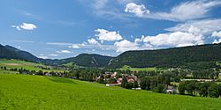 Vue du Val-de-Travers dans son écrin de verdure (Môtiers, le 20.07.2009).