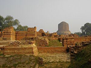 View of Sarnath, looking from the ruins of the ancient Mulagandha Kuty Vihara towards the Dhamek Stupa