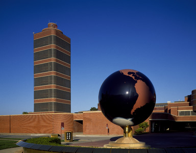 Building, globe, and grounds of the S.C. Johnson and son headquarters building, designed by Frank Lloyd Wright, Racine, Wisconsin LCCN2011634906