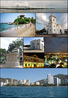 Top: Panorama of the Cienaga Grande de Santa Marta, 2nd left: Mirador in Cabo San Juan del Guia, Tayrona Natural Park, 2nd right: Santa Marta Cathedral, 3rd left: Statue of Simon Bolívar in Quinta of Saint Pedro Alejandrino, 3rd upper middle: Colombian National Pantheon in Barrio Mamatoco, 3rd lower middle: Santa Marta City Hall, 3rd right: Tribute to the Tayrona Ethnicity Square, Bottom: Panorama of Acuático El Rodadero Park