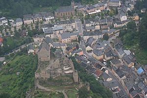 Aerial view of Larochette and its castle