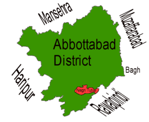 Location of Nagri Tutial (highlighted in red) within Abbottabad district, the names of the neighbouring districts to Abbottabad are also shown.