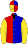 Blue and red (halved), yellow sleeves, red, yellow and blue quartered cap