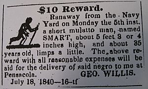 $ 10 reward for runaway slave "SMART" by Geo Willis Navy Agent Pensacola Gazette 22 Aug 1840 p 3