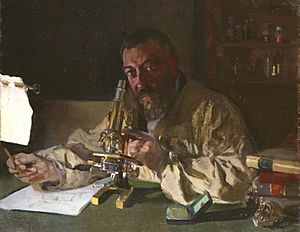 Portrait of Dr Simarro at the microscope