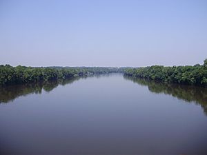 2009-08-17 View north up the Delaware River from the Reading Railroad Bridge between Ewing, New Jersey and Lower Makefield Township, Pennsylvania