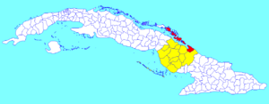 Nuevitas municipality (red) within  Camagüey Province (yellow) and Cuba