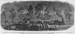 Grant's campaign south of the James-reinforcements to Gen. Warren arriving at the terminus of Grant's railroad near the Weldon Road, two miles and a half from the recently captured works - LCCN92522558