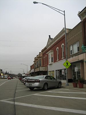 Buildings in downtown Marengo.   Aerial view of downtown Marengo from the north.   Sky view of Marengo downtown from the west.