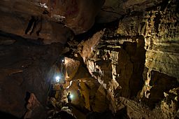 A view of the first room of Pettyjohn Cave, showing spelunkers with flashlights.