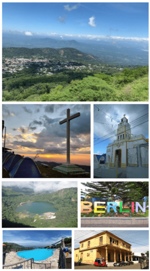 From left to right, top to bottom: Skyline of Berlín, Cerro La Cruz Viewpoint, Catholic Church of Berlín, Laguna de Alegría, Berlín Central Park, Berlín Pool Party, Historical Center of Berlín