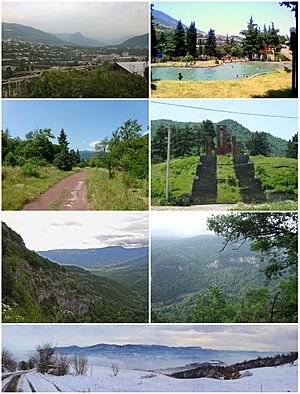 From top left: Ijevan skyline • Ijevan central parkIjevan Dendropark • World War II memorialGugark Mountains • Ijevan Wildlife SanctuaryWinter panorama of Ijevan area