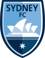 The Sydney FC logo features a shield with "SYDNEY FC" at the top, a white Sydney Opera House in the center on a sky blue background, and the seven-pointed Commonwealth Star at the bottom on a navy blue background.